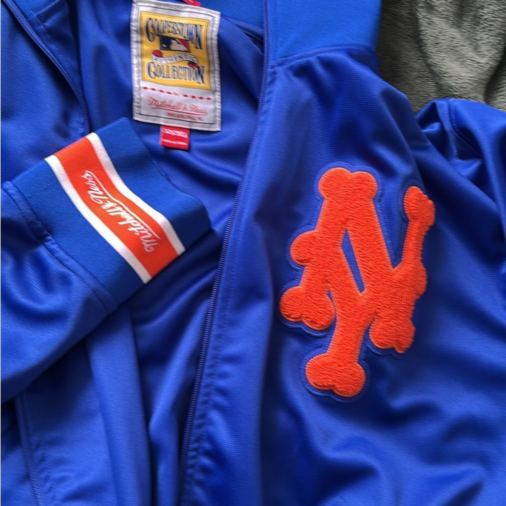 Mitchell & Ness Blue Bomber Jacket with Vibrant Mets Logo